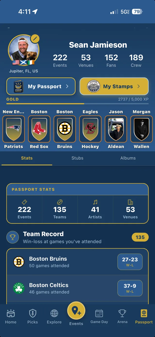 My Passport profile with events, venues, teams and artists seen