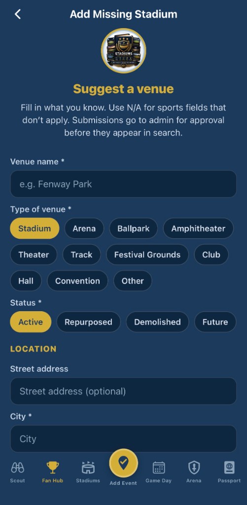 Suggest a missing stadium for admin approval
