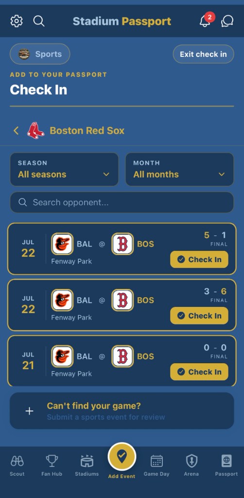 Check in to a Boston Red Sox game at Fenway Park