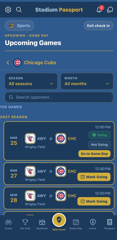 Upcoming games check-in with Going and Game Day