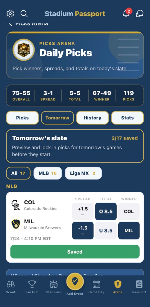 Picks Arena daily slate with spreads, totals, and winners