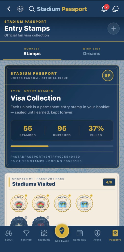 Entry Stamps booklet with stadium visit badges